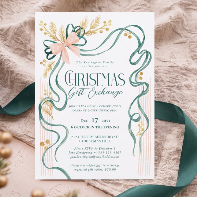 Invitation Échange de cadeaux de Noël avec ruban bow vert (Green Bow Ribbon Christmas Gift Exchange Party Invitation)