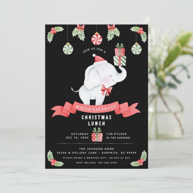Invitation Échange de cadeaux de Noël déjeuner Éléphant Blanc (Debout devant)