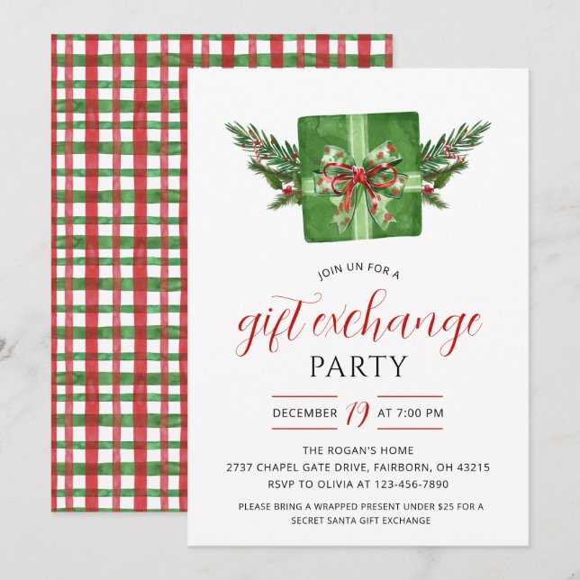 Invitation Échange de cadeaux de Noël fête aquarelle festive (Devant / Derrière)