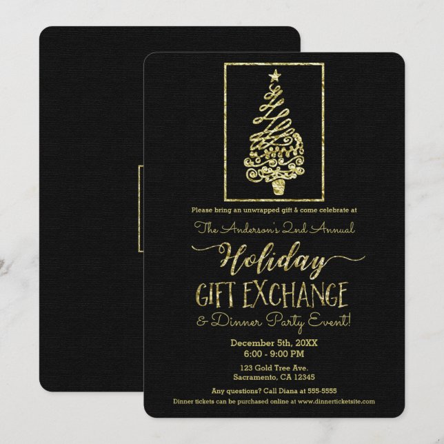 Invitation Échange de cadeaux de vacances Or & Noir Noël (Devant / Derrière)