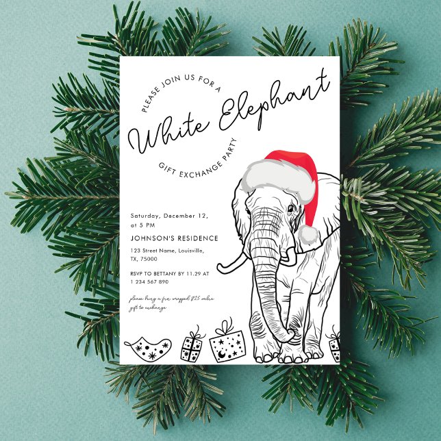 Invitation Échange de cadeaux d'éléphant blanc dessiné Noël (Créateur téléchargé)
