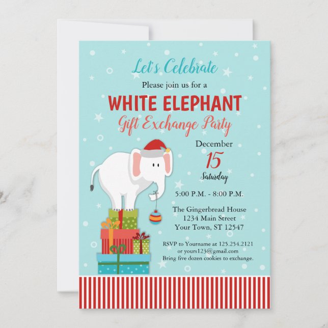 Invitation Échange de cadeaux éléphant blanc à la fête de Noë (Devant)
