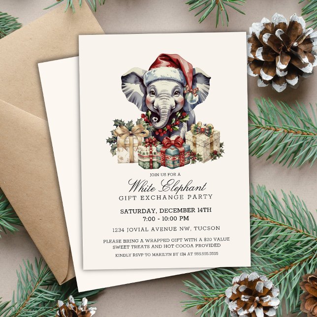 Invitation Échange de cadeaux éléphant blanc à l'aquarelle él (Elegant white elephant gift exchange invitations for christmas holiday corporate office party invite)