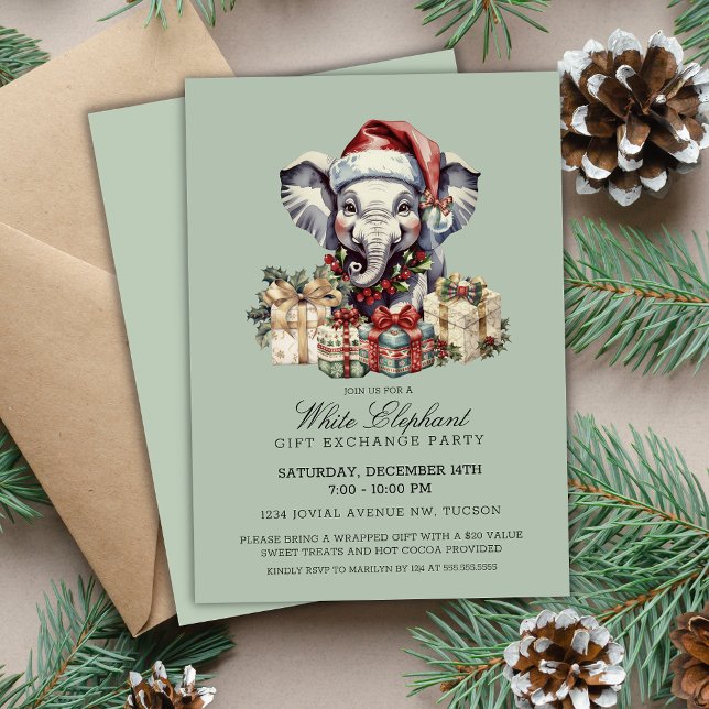 Invitation Échange de cadeaux éléphant blanc de Noël festif (Cute Sage Green festive Christmas White Elephant Gift Exchange Party Invitations printable digital)