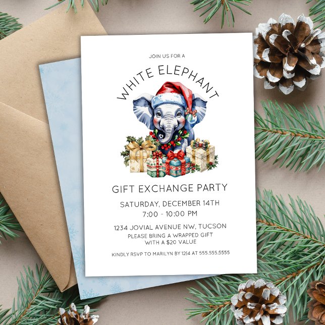 Invitation Échange de cadeaux éléphant blanc de vacances à l' (cute watercolor white elephant gift exchange party invitation for holiday christmas office parties)