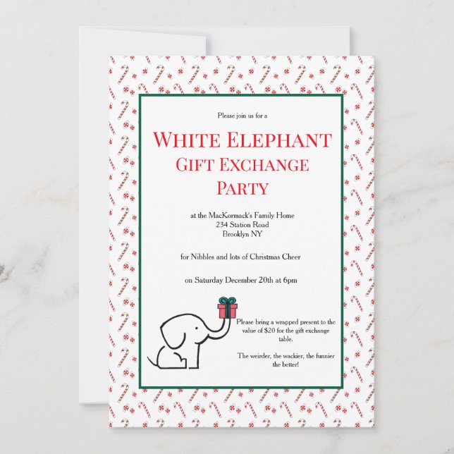 Invitation Échange de cadeaux éléphant blanc drôle fête (Devant)