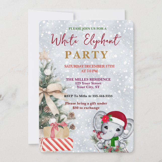 Invitation Échange de cadeaux éléphant blanc moderne pour fêt (Devant)