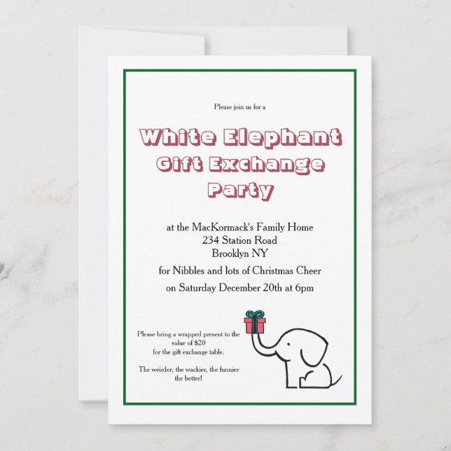 Invitation Échange de Cadeaux Éléphant Blanc Soirée de Noël (Devant)