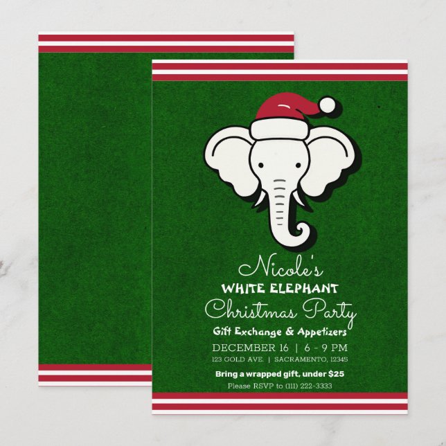 Invitation Échange de cadeaux éléphant rouge vert blanc pour  (Devant / Derrière)