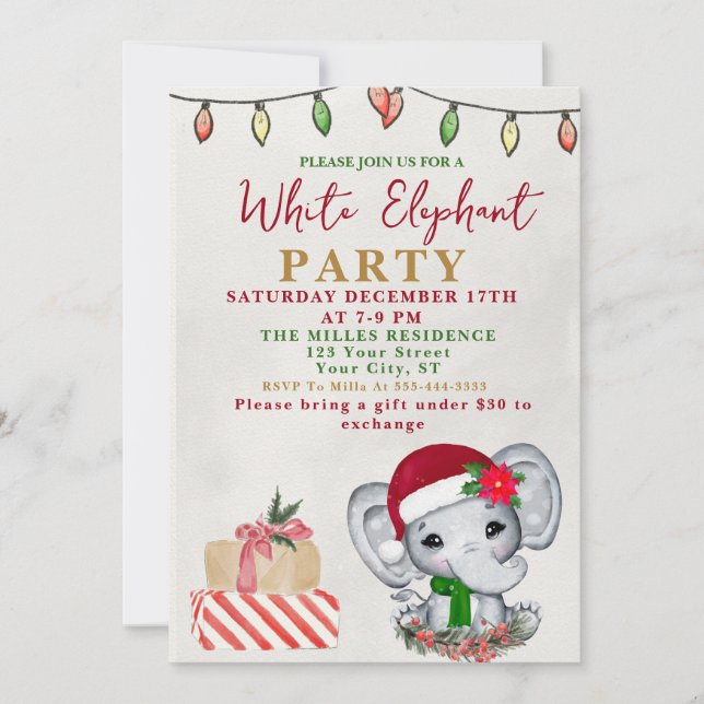 Invitation Échange de cadeaux Party éléphant blanc aquarelle (Devant)