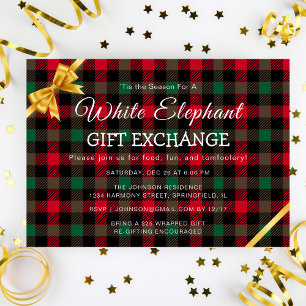 Invitation Échange de cadeaux Retro Chrismas Plaid White Elep
