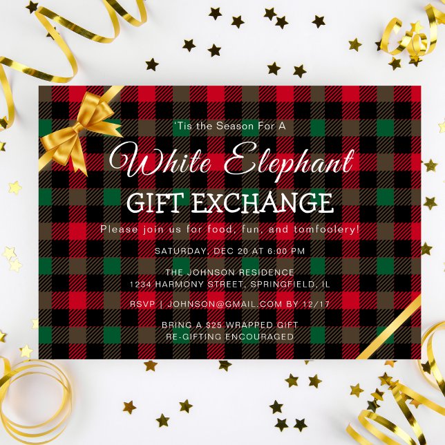 Invitation Échange de cadeaux Retro Chrismas Plaid White Elep (Retro Chrismas Plaid White Elephant Gift Exchange Invitation)