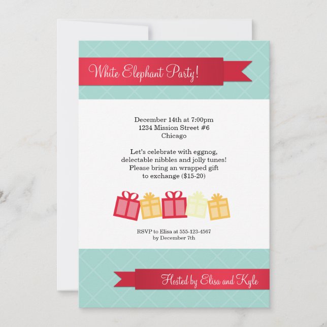 Invitation Échange de cadeaux ruban rouge glace bleue fête de (Devant)