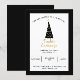 Invitation Échange de cookies Black Gold Christmas Tree