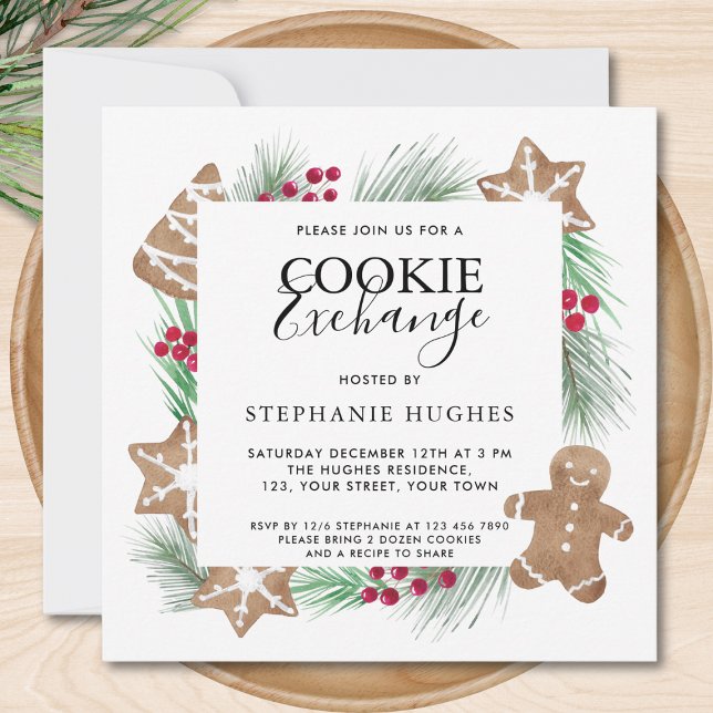 Invitation Échange de cookies de Noël Watercolor Holiday (Créateur téléchargé)