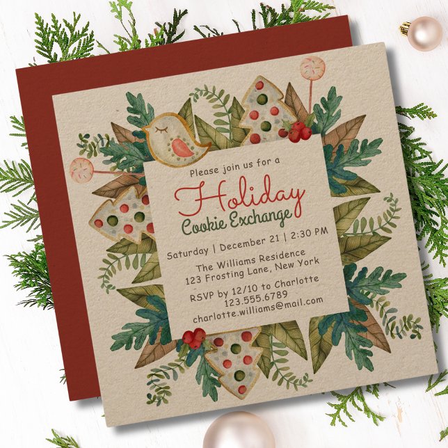 Invitation Échange de cookies Noël Rustique Aquarelle (Créateur téléchargé)