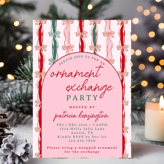 Invitation Échange de décorations de Noël avec des rubans ros (Créateur téléchargé)