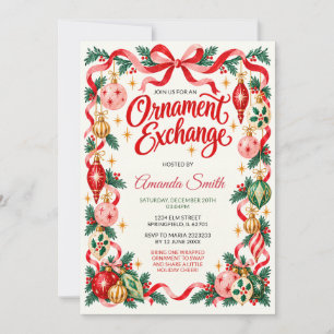 Invitation Échange de décorations de Noël avec un nœud rouge