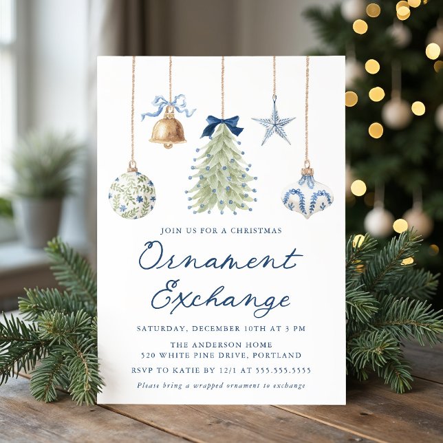 Invitation Échange d'ornement de Noël bleu élégant (Créateur téléchargé)