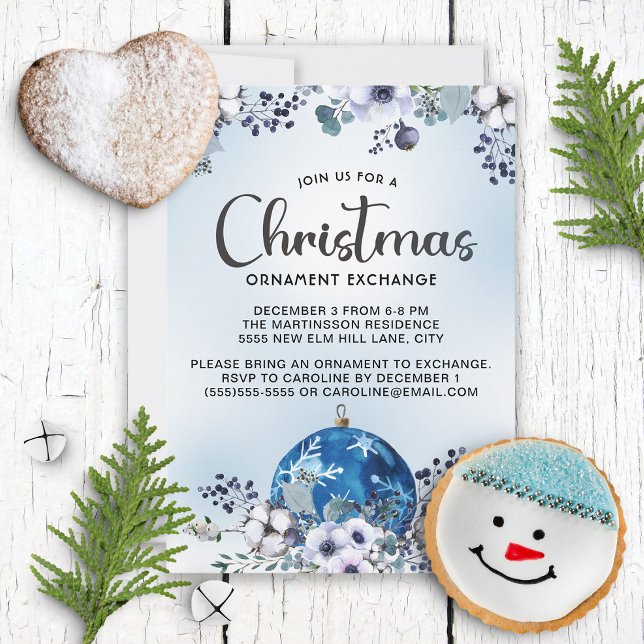 Invitation Échange d'ornement floral de Noël bleu blanc  (Créateur téléchargé)