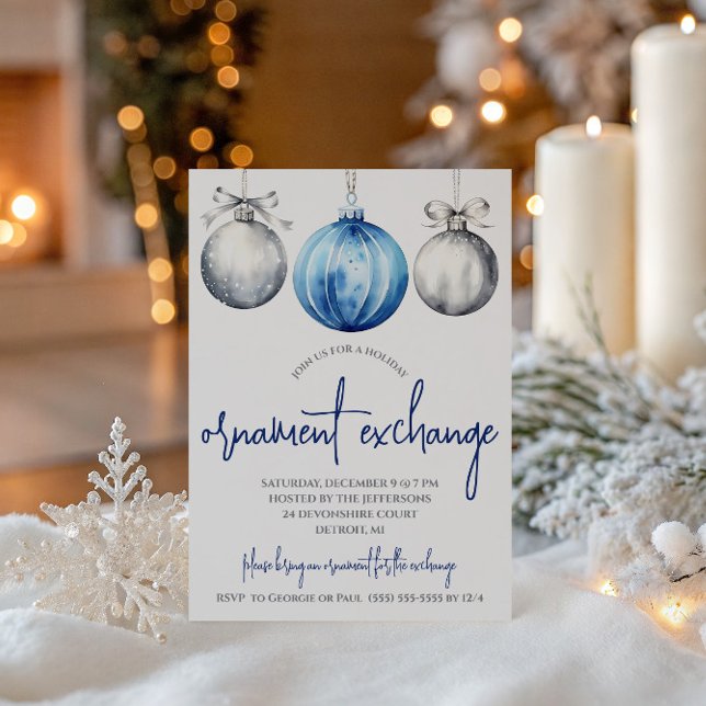 Invitation Échange d'ornements argent et bleu pour la fête de (Créateur téléchargé)