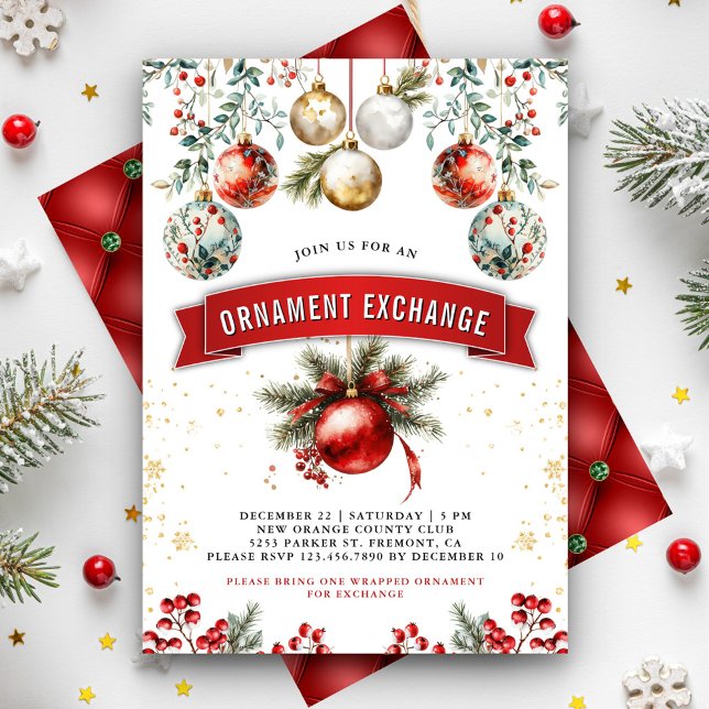 Invitation Échange d'ornements Boules d'Or Rouge Soirée de No (Créateur téléchargé)
