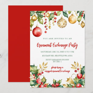 Invitation Échange d'ornements de fête en or rouge, fête de N