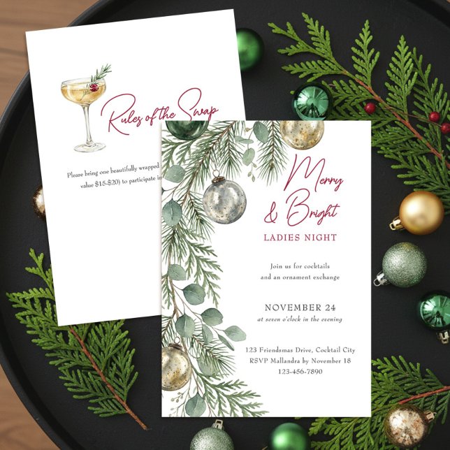 Invitation Échange d'ornements de guirlande d'eucalyptus élég (Holiday Ornament Exchange Invitation - printed or digital download - by Darling & May)