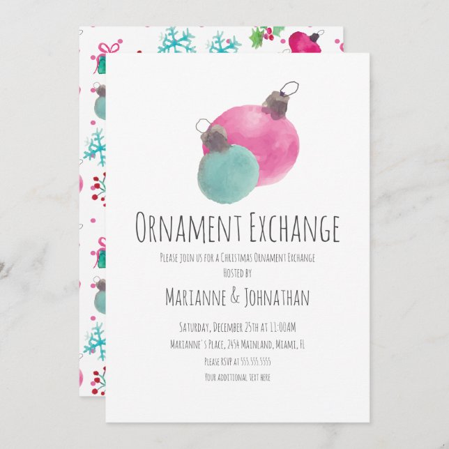Invitation Échange d'ornements de Noël aquarelle (Devant / Derrière)