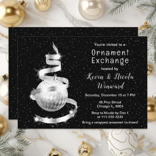 Invitation Échange d'ornements de Noël argent et noir