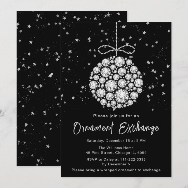 Invitation Échange d'ornements de Noël en argent glam (Devant / Derrière)