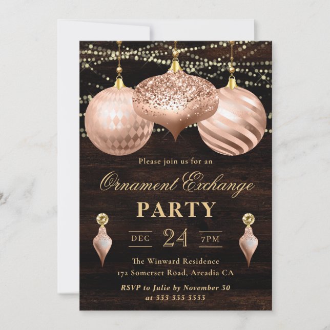 Invitation Échange d'ornements de Noël en or rose élégant (Devant)