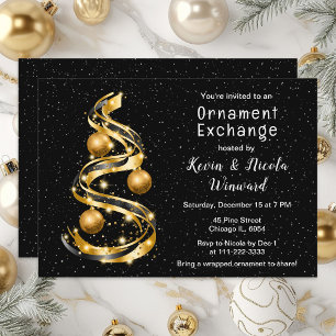 Invitation Échange d'ornements de Noël or et noir