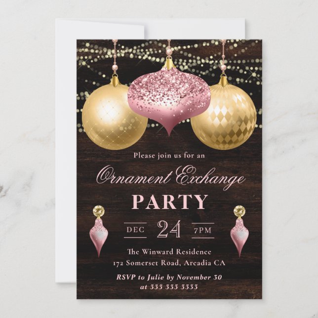 Invitation Échange d'ornements de Noël rose clair et or (Devant)