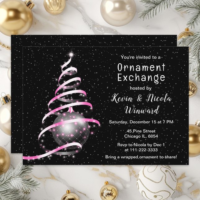 Invitation Échange d'ornements de Noël rose et noir (Créateur téléchargé)