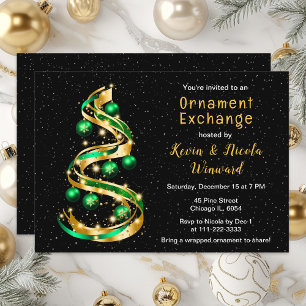 Invitation Échange d'ornements de Noël verts et dorés