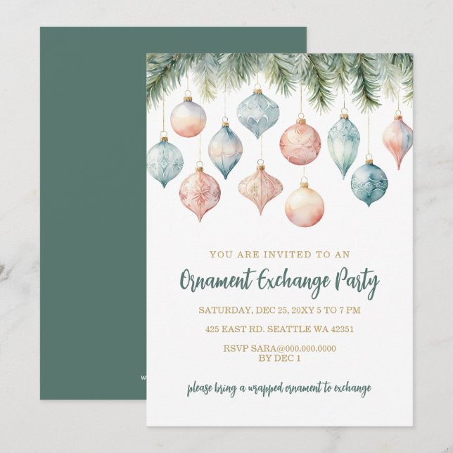 Invitation Échange d'ornements pastel élégant Soirée de Noël (Devant / Derrière)