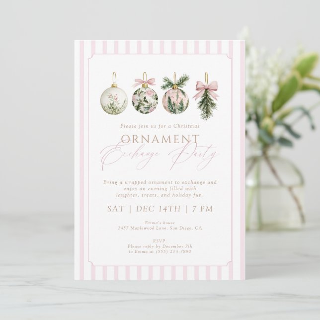 Invitation Échange d'ornements roses élégants Soirée de Noël (Debout devant)
