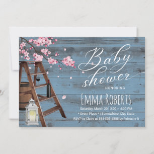 Invitation Échelle en bois rustique Baby shower rose floral p