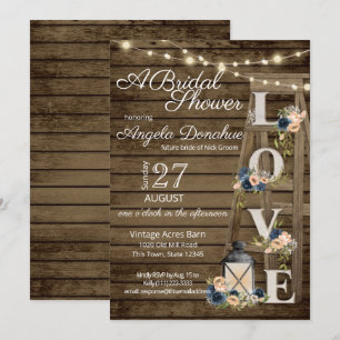 Invitation Échelle en bois vintage et marée florale bleu mari