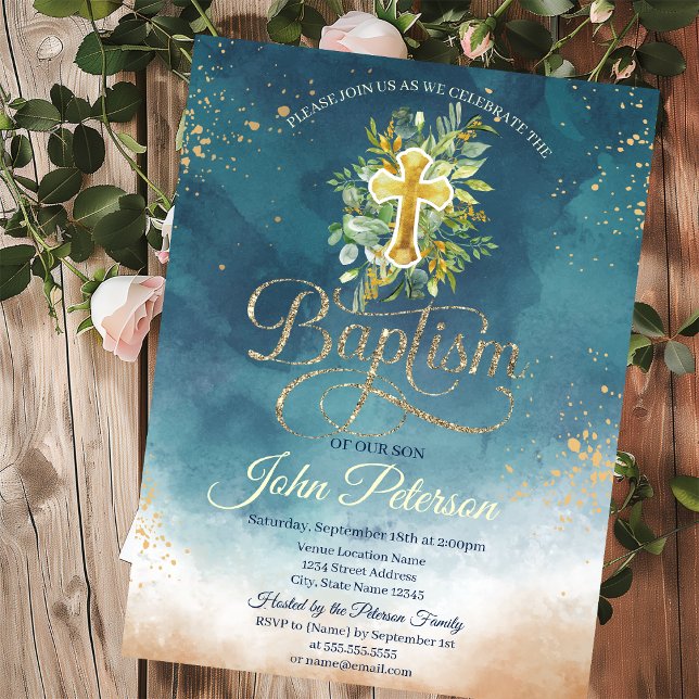 Invitation Éclaboussure de peinture Fleur de croix Baptême (Créateur téléchargé)