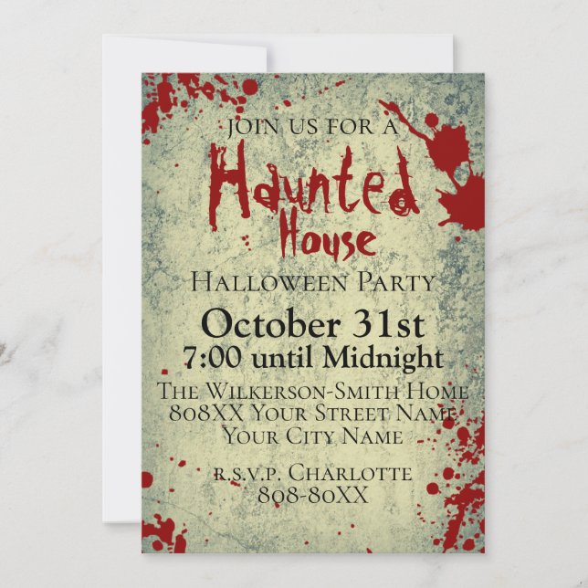 Invitation Éclaboussure de sang sur un Halloween hanté (Devant)