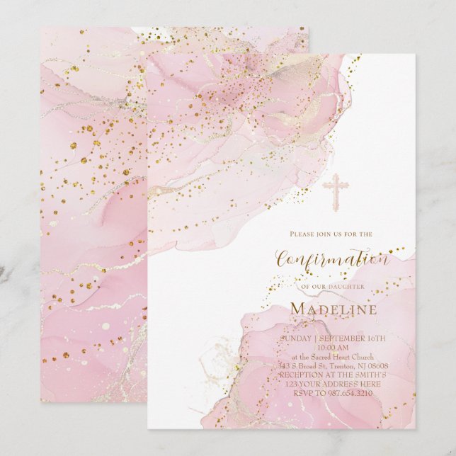 Invitation éclaboussures d'encre rose Confirmation (Devant / Derrière)