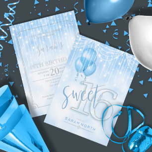 Invitation Éclairage à cordes et ballons Sweet 16 Lt. Blue ID