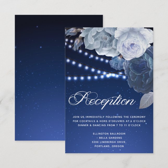 Invitation Eclairage à cordes étoiles Bleu Elégant Mariage Ré (Devant / Derrière)
