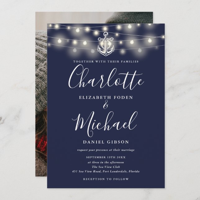 Invitation Éclairage à cordes marines Mariage photo bleu mari (Devant / Derrière)