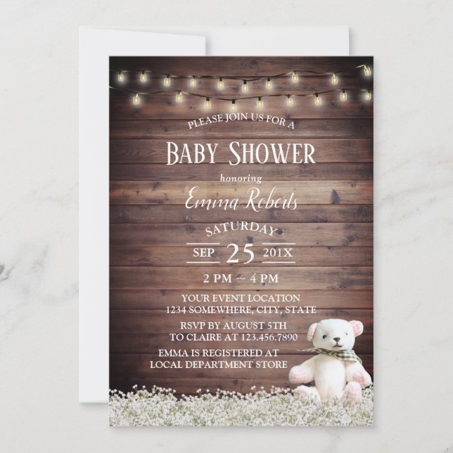 Invitation Éclairage à cordes rustiques Baby shower d'ours mi (Devant)