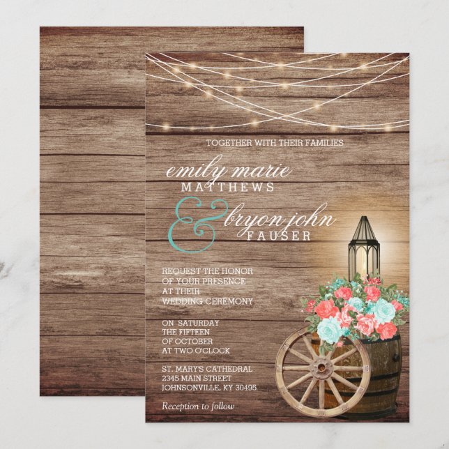 Invitation Éclairage à cordes, tonneau de bois et Turquoise,  (Devant / Derrière)