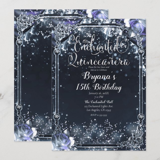 Invitation Éclairage en argent violet Roses Quinceañera (Devant / Derrière)