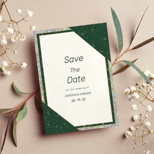 Invitation Eclairage géométrique vert foncé or Enregistrer la (Geometric dark green gold sparkle Save The Date)